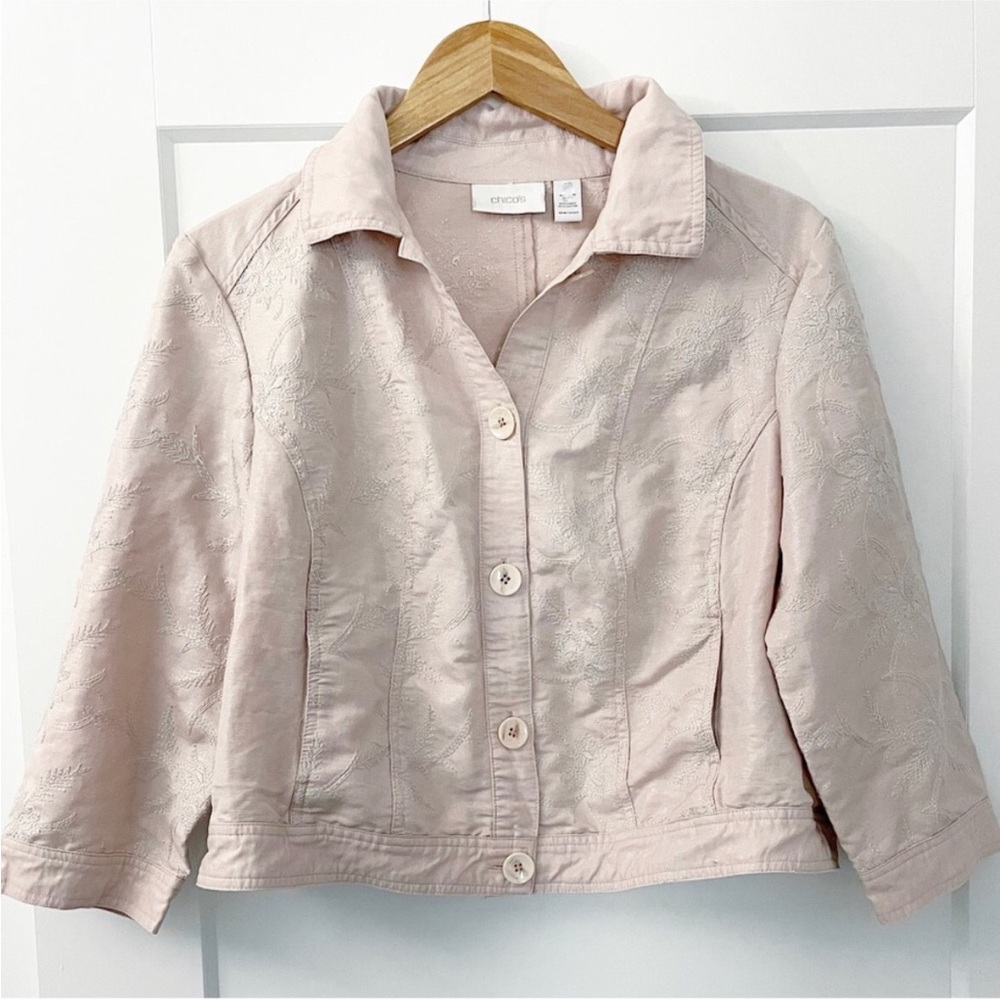CHICO’S Light Pink Textured Linen size 4 (XXL=20) Blazer Jean jacket 3/4 sleeve - Picture 2 of 12